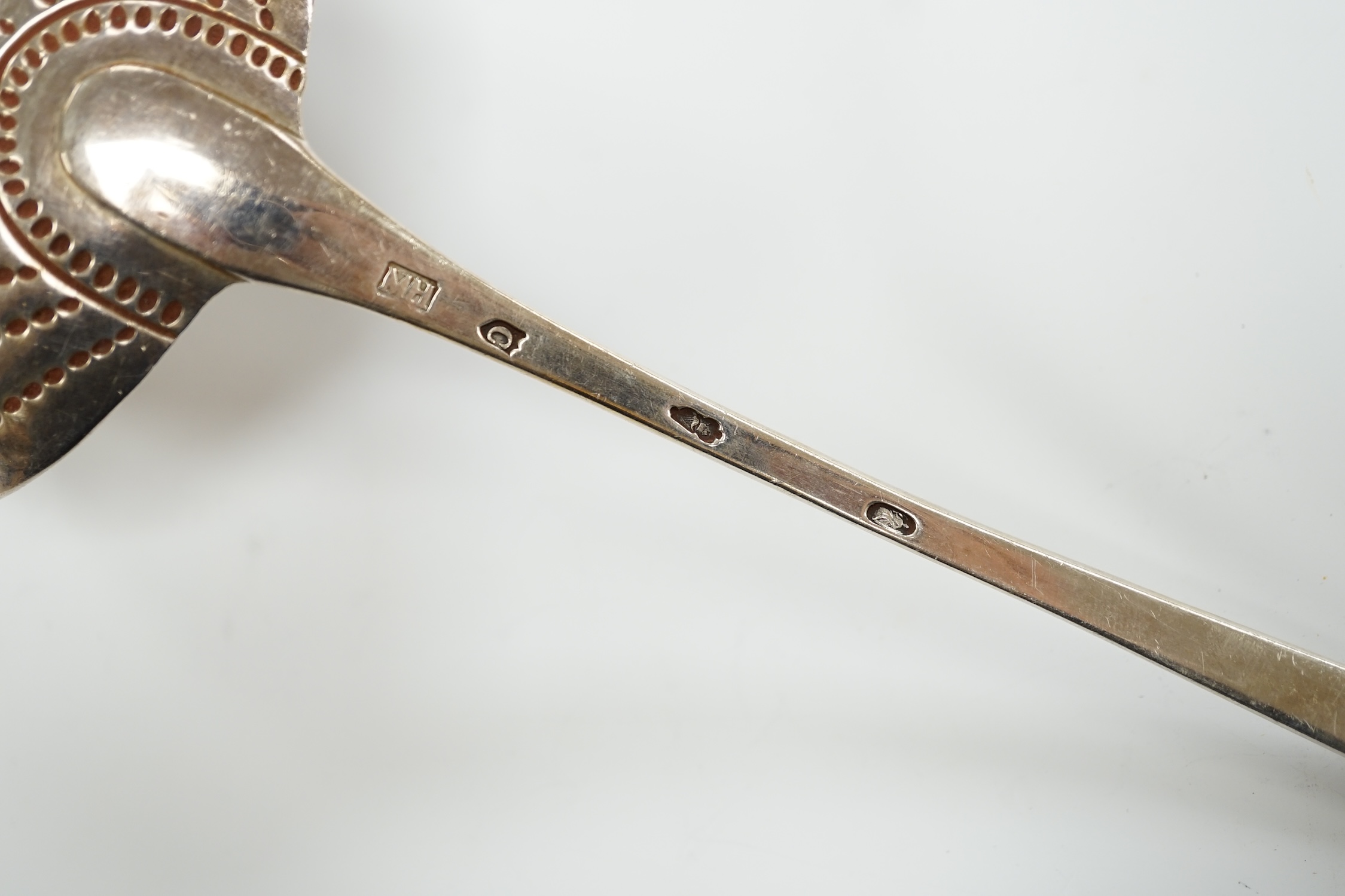 A George III Irish silver Old English pattern soup ladle, Michael Homer?, Dublin, 1775, 36cm, 7.1oz.